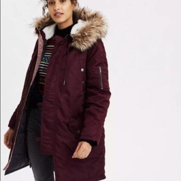 American Eagle Maroon Parka Coat, Removable Fur Sherpa Hood EUC Above knee - Picture 1 of 7